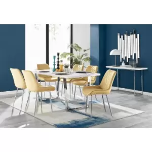 Kylo White High Gloss Dining Table & 6 Mustard Pesaro Silver Leg Chairs