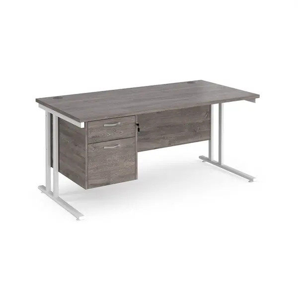 Maestro 25 straight desk 1600mm x 800mm with 2 drawer pedestal - white cantilever leg frame, grey oak top