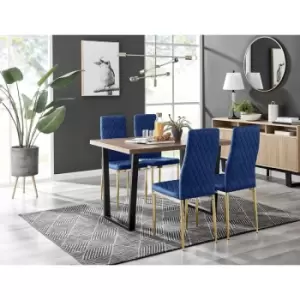 Furniturebox UK - Furniturebox Kylo Brown Wood Effect Dining Table & 4 Navy Milan Velvet Dining Chairs With Gold Legs Diamond Stitch Modern