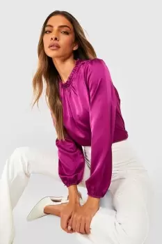 Satin Frill Neck Long Sleeve Woven Blouse