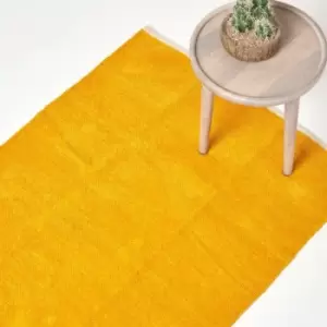 Mustard 100% Cotton Plain Chenille Rug with Natural Trim, 60 x 100cm - Yellow - Homescapes