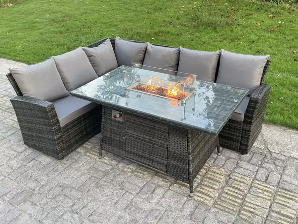 Fimous 6 Seater Outdoor Dark Grey Rattan Lounge Complete Sofa Set with Gas Fire Pit Table