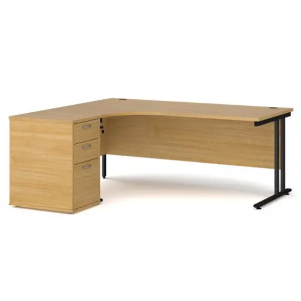 Office Desk Left Hand Corner Desk 1800mm With Pedestal Oak Top With Black Frame Maestro 25