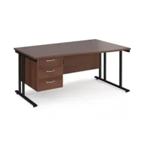 Office Desk Right Hand Wave Desk 1600mm With Pedestal Walnut Top With Black Frame Maestro 25 MC16WRP3KW