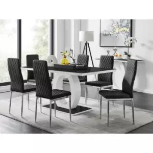 Furniturebox UK - Furniturebox Giovani 6 Black Dining Table & 6 Black Milan Velvet Dining Chairs Diamond Stitch Modern Contemporary Chrome Metal