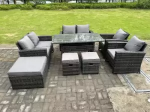 Fimous 6 Seater Outdoor Dark Grey High Back Rattan Lounge Complete Sofa Set with 2 Stools and Big Footstool