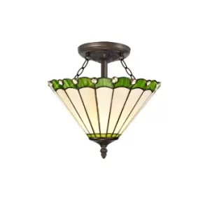 2 Light Semi Flush Ceiling E27 With 30cm Tiffany Shade, Green, Crystal, Aged Antique Brass