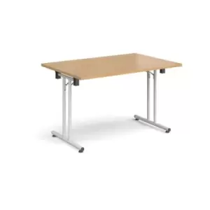 Rectangular folding leg table with white legs and straight foot rails 1200mm x 800mm - oak