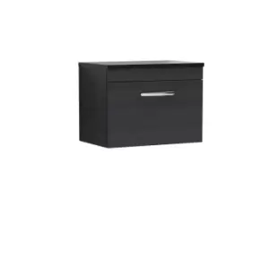 Nuie Athena 600 Wall Hung Single Drawer Vanity & Sparkling Black Worktop - Black Woodgrain