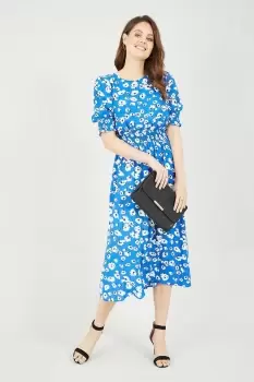 Blue Floral Puff Sleeve Ruched Waist Midi Dress