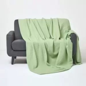 HOMESCAPES Organic Cotton Waffle Blanket/ Throw Sage Green, 280 x 230cm - Green