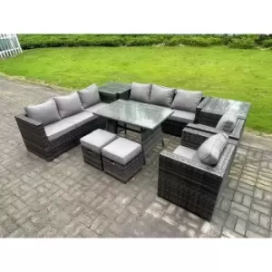 Fimous 8 Seater Outdoor Dark Grey Rattan Lounge Complete Sofa Set with Dining Table, 2 Side Tables, and 2 Stools