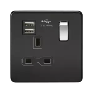 Knightsbridge - Screwless 13A 1G switched socket with dual usb charger (2.4A) - matt Black with chrome rocker