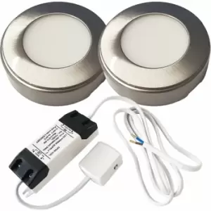 2x BRUSHED NICKEL Round Surface or Flush Under Cabinet Kitchen Light & Driver Kit - Natural White LED