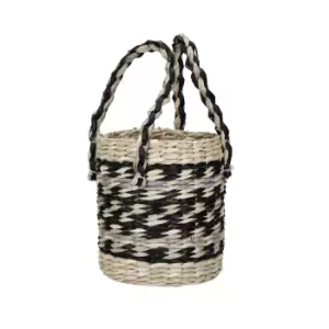 Seagrass Plant Basket with Handles, Black & Grey Striped Design