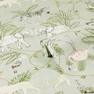 Furn. Serengeti Sage Green Animal Printed Wallpaper