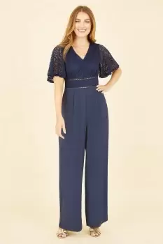 Navy Lace Bodice Jumpsuit With Kimono Sleeve