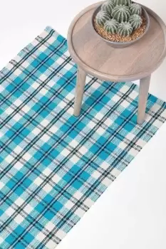 Irvine Handwoven Blue Tartan 100% Cotton Rug, 66 x 200 cm