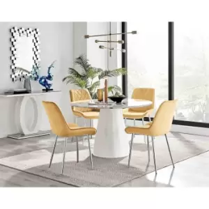 Furniture Box Palma White Marble Effect Round Dining Table and 4 Mustard Pesaro Silver Leg Chairs