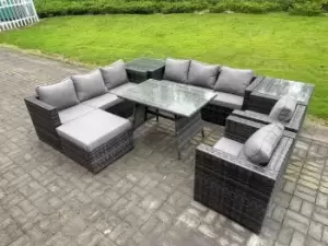 Fimous 8 Seater Outdoor Dark Grey Wicker PE Rattan Garden Furniture with Lounge Sofa, Side Tables, and Big Footstool