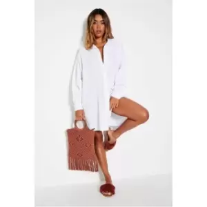 I Saw It First White Linen Crinkle Oversized Shirt Dress - White