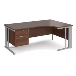 Office Desk Right Hand Corner Desk 1800mm With Pedestal Walnut Top With Silver Frame 1200mm Depth Maestro 25 MCM18ERP2SW