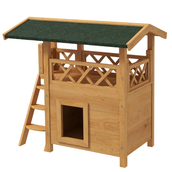 PawHut Cat House Outdoor w/ Balcony Stairs Roof, 77 x 50 x 73 cm, Natural