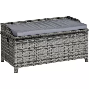 Outsunny Patio PE Rattan Wicker Storage Basket Box Bench Seat Furniture w/ Cushion Mixed Grey