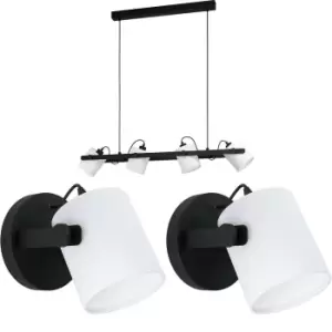 Quad Ceiling Light & 2x Matching Wall Lights Black & White Adjustable Shade