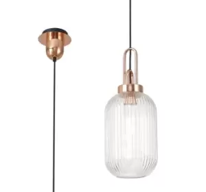 1 Light Pendant E27 With 20cm Tubular Ribbed Glass, Clear Copper, Matt Black