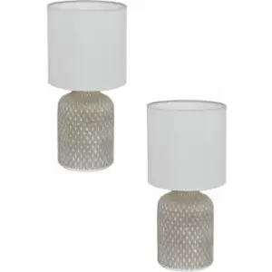 2 pack Table Desk Lamp Grey Patterned Ceramic Shade White Fabric Bulb E14 1x40W