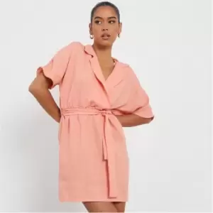 I Saw It First Linen Look Belted Waist Mini Shirt Dress - Pink