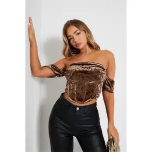 I Saw It First Bardot Velvet Corset Crop Top - Brown