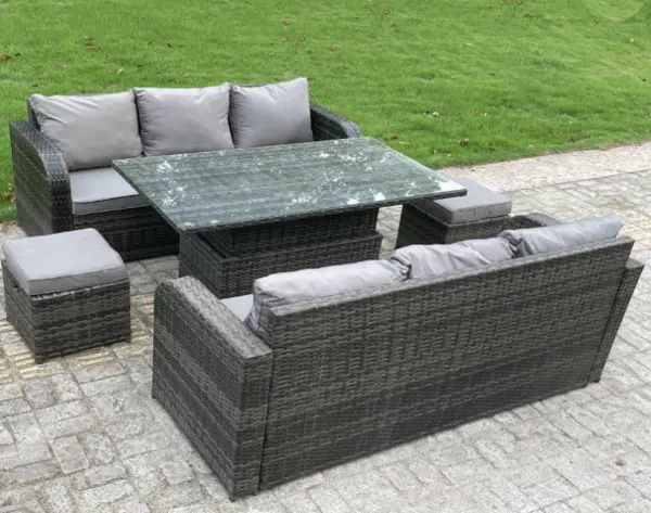 Fimous 8 Seater Outdoor Dark Grey Rattan Lounge Complete Sofa Set with Adjustable Rising Lifting Table, Lounge Sofa, and Small Footstools