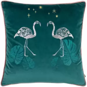 Wylder - Dusk Flamingo Embroidered Velvet Piped Edge Cushion Cover, Teal, 50 x 50 Cm