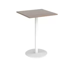 Monza square poseur table with flat round white base 800mm - barcelona walnut