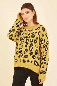 Mustard Animal Print Intarsia Knitted Jumper