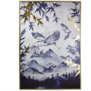 Oriental Heron Design Canvas Print with Gold Wooden Frame 50x70 cm