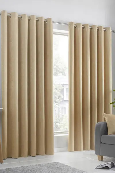 Fusion 'Strata' Triple-Woven Fully Lined Dimout Eyelet Curtains Mustard