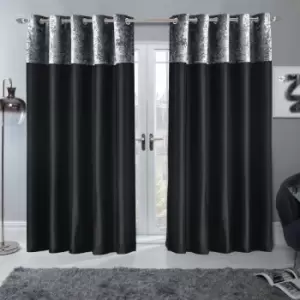 Sienna Crushed Velvet Band Curtains Pair Eyelet Faux Silk Fully Lined Ring Top Manhattan Black Silver 46" Wide X 72" Drop