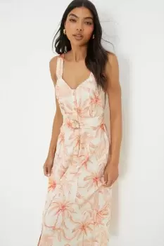 Ivory Palm Print Button Through Strappy Midi Dress