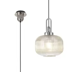 1 Light Pendant E27 With 30cm Pumpkin Shaped Ribbed Glass, Champagne Polished Nickel, Matt Black