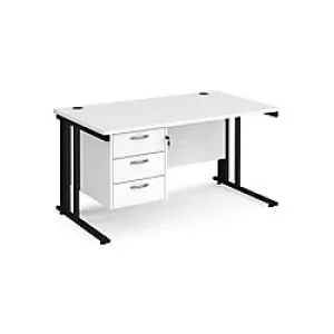 Rectangular Straight Desk White Wood Cable Managed Legs Black Maestro 25 1400 x 800 x 725mm 3 Drawer Pedestal