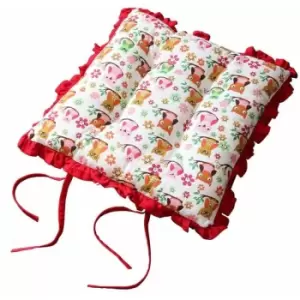 Reversible Red Frilled Cushion Seat Pad with Ties Owls - Homescapes