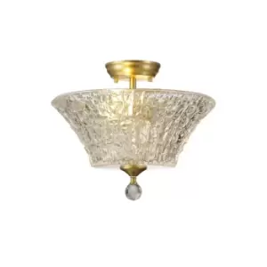 Dresden 2 Light Semi Flush Ceiling Lamp E27 With Round 38cm Patterned Glass Shade Satin Gold, Clear