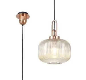 1 Light Pendant E27 With 30cm Pumpkin Shaped Ribbed Glass, Champagne Copper, Matt Black