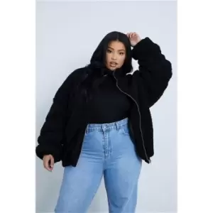 I Saw It First Black Plus Borg Bomber Jacket With Ruched Sleeve And Funnel Neck - Black