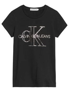 Calvin Klein Jeans Girls Monogram Outline Slim T-Shirt - Black, Size Age: 16 Years, Women