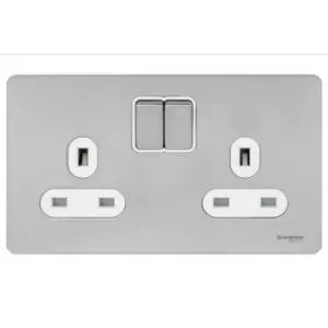 Schneider Electric Ultimate Screwless Flat Plate - Switched Double Power Socket, Double Pole, 13A, GU3420DWSS, Stainless Steel with White Insert