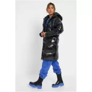 I Saw It First Black High Shine Oversized Puffer With Black Fur Hood - Black